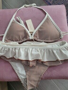 NWT. SMALL SEA MOLLY 2 PIECE BIKINI BATHING SUIT. BURGANDY AND CREAM COLOR